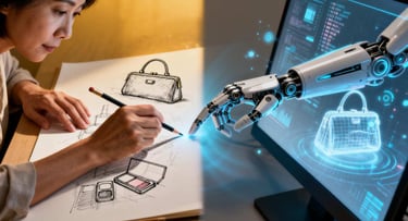 Fusion of experience and tech: a human hand sketching next to an AI rendering.