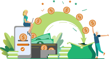 Digital funds being disbursed from a mobile device to a senior’s purse, symbolizing online financial
