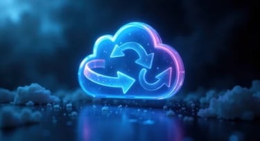 Neon cloud with circular arrows, symbolizing cloud migration and automation