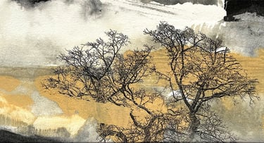 abstact monoprint of tree and stormy sky