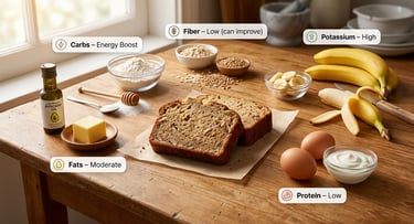Banana bread nutrition breakdown with carbs, fats, protein, fiber, and potassium shown using ingredi