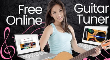 Woman playing acoustic guitar using a free online guitar tuner on a laptop computer.