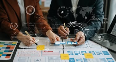 UI UX designers using AI technology to develop mobile app wireframe prototypes and digital interface layouts.