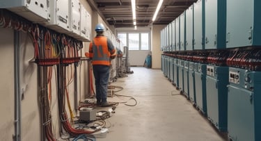 Electrician installing wiring in a modern residential building.