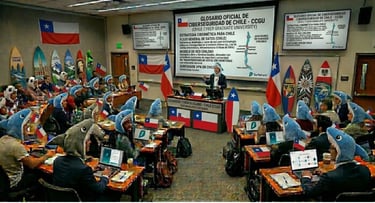 Aula innovadora: profesor frente a estudiantes con disfraces de tiburón, tablas y banderas Chile.