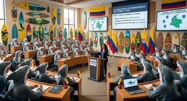 Aula innovadora: profesor frente a estudiantes con disfraces de tiburón, tablas y banderas Colombia