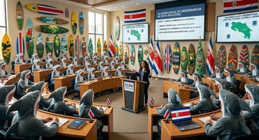Aula innovadora: profesor frente a estudiantes con disfraces de tiburón, tablas y banderas Costa Rica