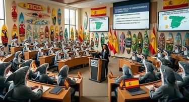 Aula innovadora: profesor frente a estudiantes con disfraces de tiburón, tablas y banderas España