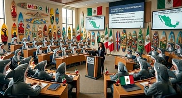 Aula innovadora: profesor frente a estudiantes con disfraces de tiburón, tablas y banderas México