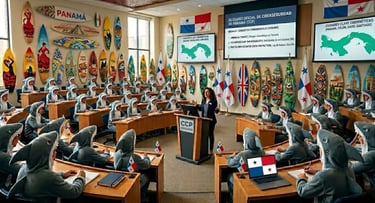 Aula innovadora: profesor frente a estudiantes con disfraces de tiburón, tablas y banderas Panamá