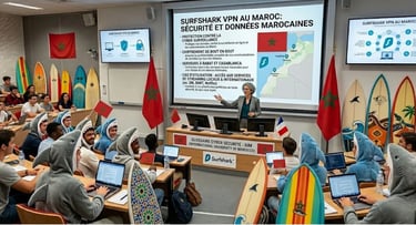 Amphi innovant : professeur face à des étudiants requins, planches de surf et drapeaux Maroc.