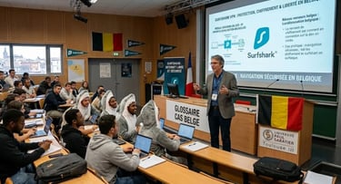 Amphi innovant : professeur face à des étudiants requins, planches de surf et drapeaux Belgique