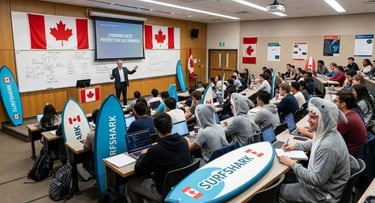 Amphi innovant : professeur face à des étudiants requins, planches de surf et drapeaux Canada.