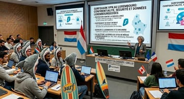 Amphi innovant : professeur face à des étudiants requins, planches de surf et drapeaux Luxembourg