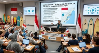 "Amphi innovant : professeur face à des étudiants requins, planches de surf et drapeaux Monaco