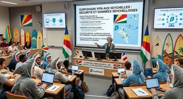 Amphi innovant : professeur face à des étudiants requins, planches de surf et drapeaux Seychelles.