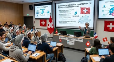 Amphi innovant : professeur face à des étudiants requins, planches de surf et drapeaux Suisse