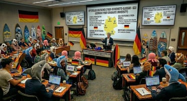 Innovativer Hörsaal: Professor vor Studenten in Haikostümen, Surfbretter und Deutschland-Flaggen.