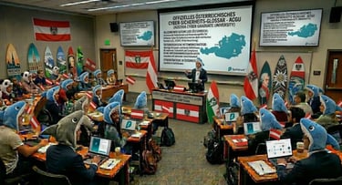 Innovativer Hörsaal: Professor vor Studenten in Haikostümen, Surfbretter und Österreich-Flaggen