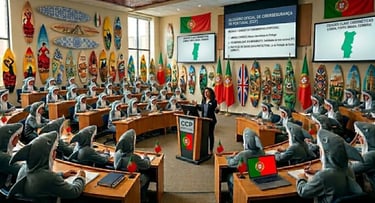 Auditório inovador: professor com estudantes fantasiados de tubarão, pranchas e bandeiras Portugal.