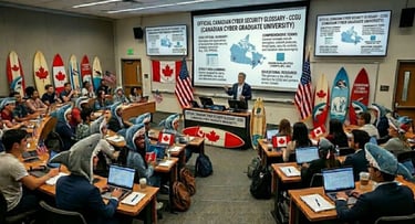 Innovative lecture hall: professor facing students in shark costumes, surfboards and Canada flags