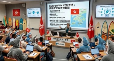 創新的演講廳：教授面對穿著鯊魚裝的學生，旁邊有衝浪板和香港旗幟。