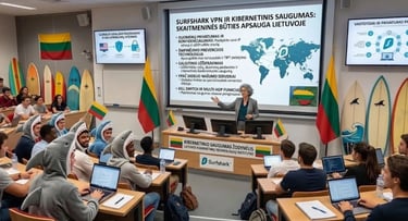 Inovatyvi paskaitų salė: profesorius su studentais ryklių kostiumais, banglentės ir Lietuvos vėliavos.