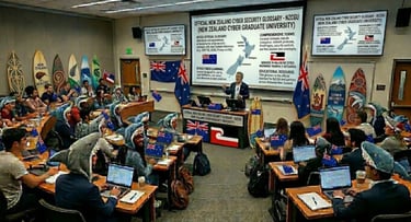 Innovative lecture hall: professor facing students in shark costumes, surfboards and NZ flags