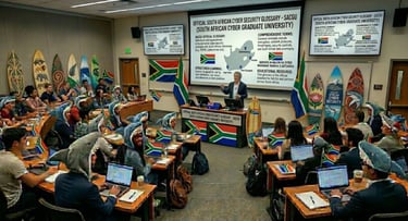 Innovative lecture hall: professor facing students in shark costumes, surfboards and S. Africa flags.