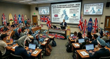 "Innovative lecture hall: professor facing students in shark costumes, surfboards and UK flags.