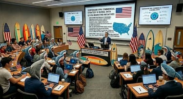 "Innovative lecture hall: professor facing students in shark costumes, surfboards and USA flags.