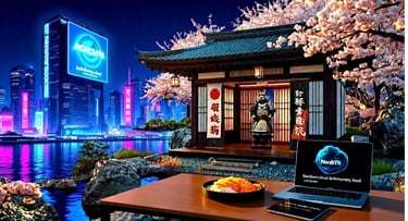 侍、日本国旗、東京のネオン街、サイバーパンクな雰囲気のパノラマビュー。