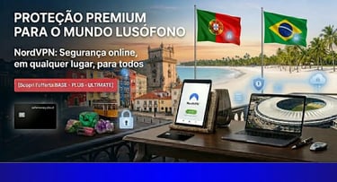 Paisagem urbana com elementos de Lisboa e Rio, bandeiras e tecnologia moderna.