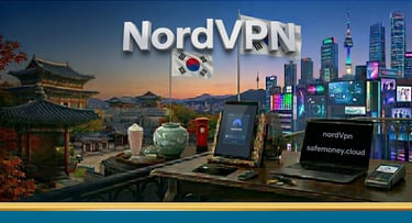 경복궁 스타일의 한옥, 단풍나무, 현대적인 서울의 야경과 한국 국기.