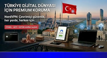 İstanbul manzarası, Boğaz, Türk bayrağı ve modern teknoloji çalışma alanı.