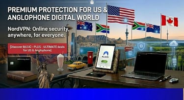NordVPN neon shield with USA, Canada, Australia flags, Statue of Liberty, CN Tower, and Sydney Opera House.