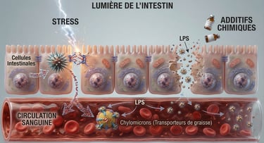 Schéma sur l'action du stress et des additifs chimiques sur la paroi intestinale
