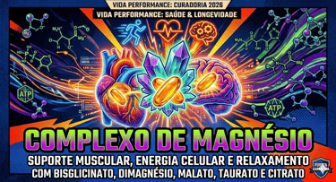 Infográfico Complexo de Magnésio: energia celular, suporte muscular e cerebral. Vida Performance