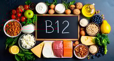 Alimentos que poseen vitamina B12 junto a una pizarra con los caracteres B12