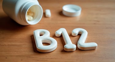 Un frasco con cápsulas en su interior, más los caracteres B12
