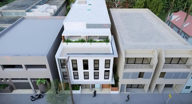 a building with a lot of windows and a motorcycle parked in front of it