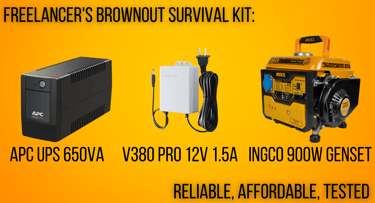 APC UPS 950 VA, V380 PRo 12V 1.5A, Ingco 900W Genset