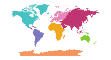 A colorful world map showing the seven continents in different vibrant colors on a black background.