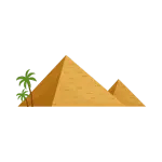 Flat vector illustration of Great Egyptian Pyramids and green palm trees in the desert.