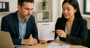 a man and woman sitting at a table with a tax bill