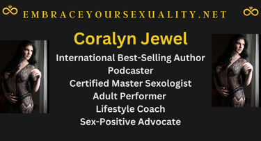Banner of Coralyn black lace gown with link to podcast page & lists her resume & career experience