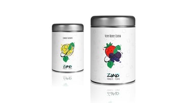 Mockup of 2 Zuno fruit teas tin canister