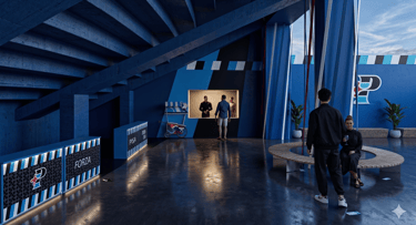 Modern interior design of Pisa Sporting Club stadium lounge with blue and black branding.