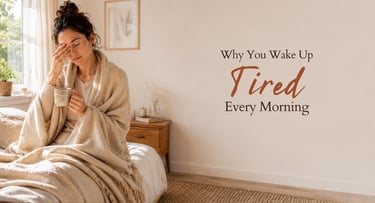 Woman waking up tired in the morning, illustrating common sleep problems and low energy.