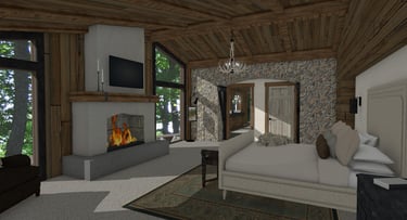 SkyHaven Timber Frame Mountain Home Bed Suite Render